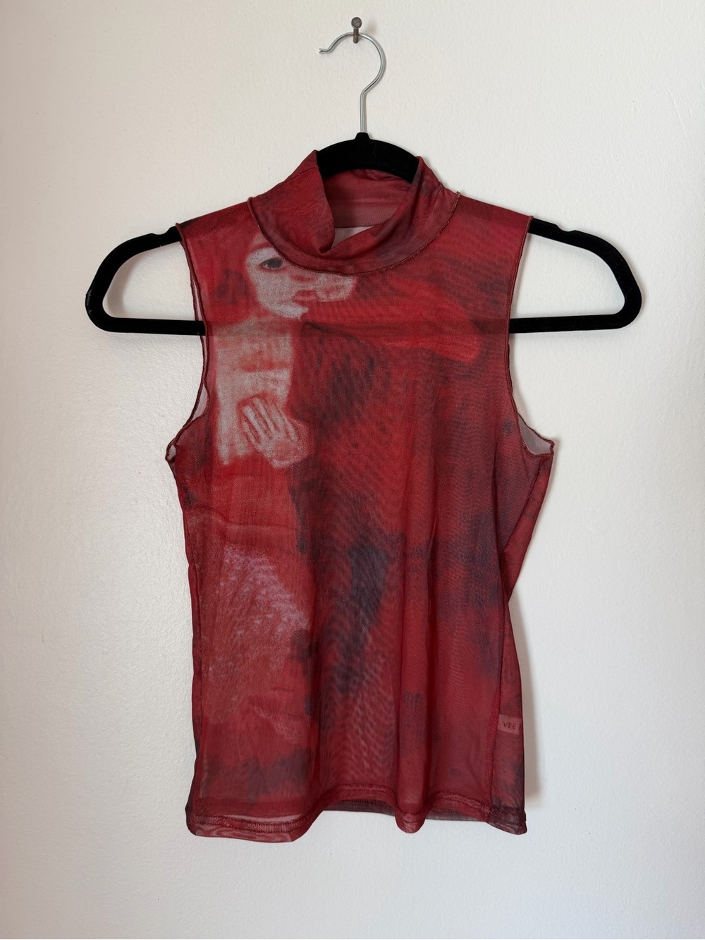 Red Burgundy Sleeveless Mock Neck Mesh Sheer Top Unique